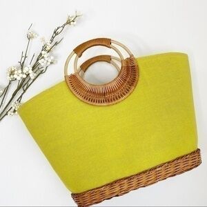 Green fabric wicker handle and bottom bag